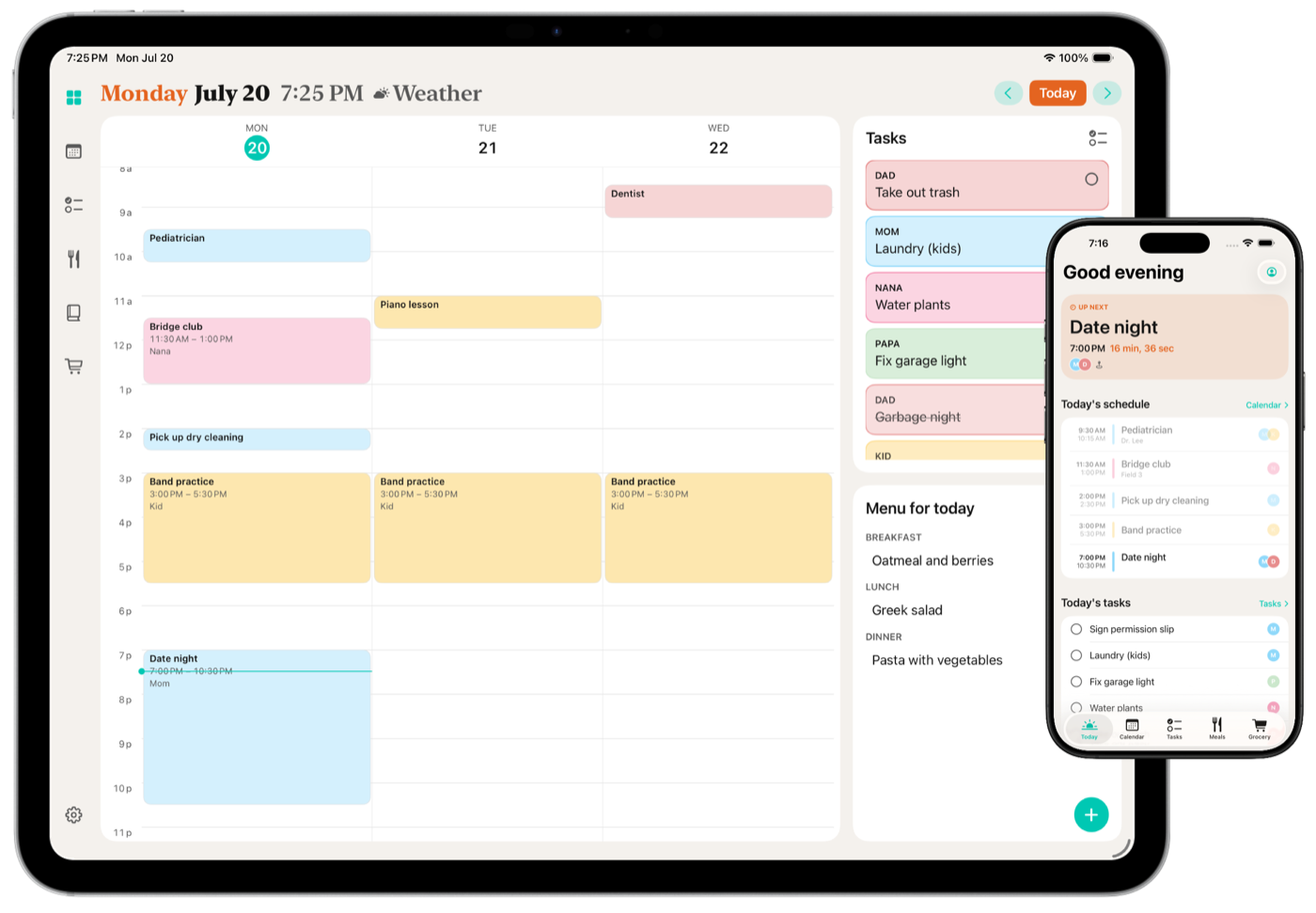 Jindo on iPad and iPhone showing a family tasks board and shared task list