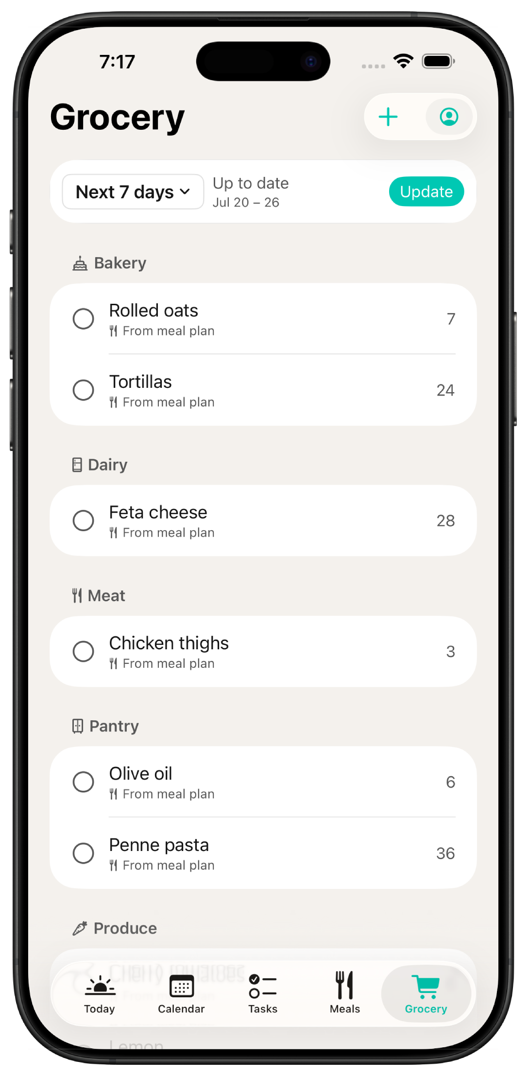 Jindo grocery list on iPhone — categorized list with ingredients from the meal plan