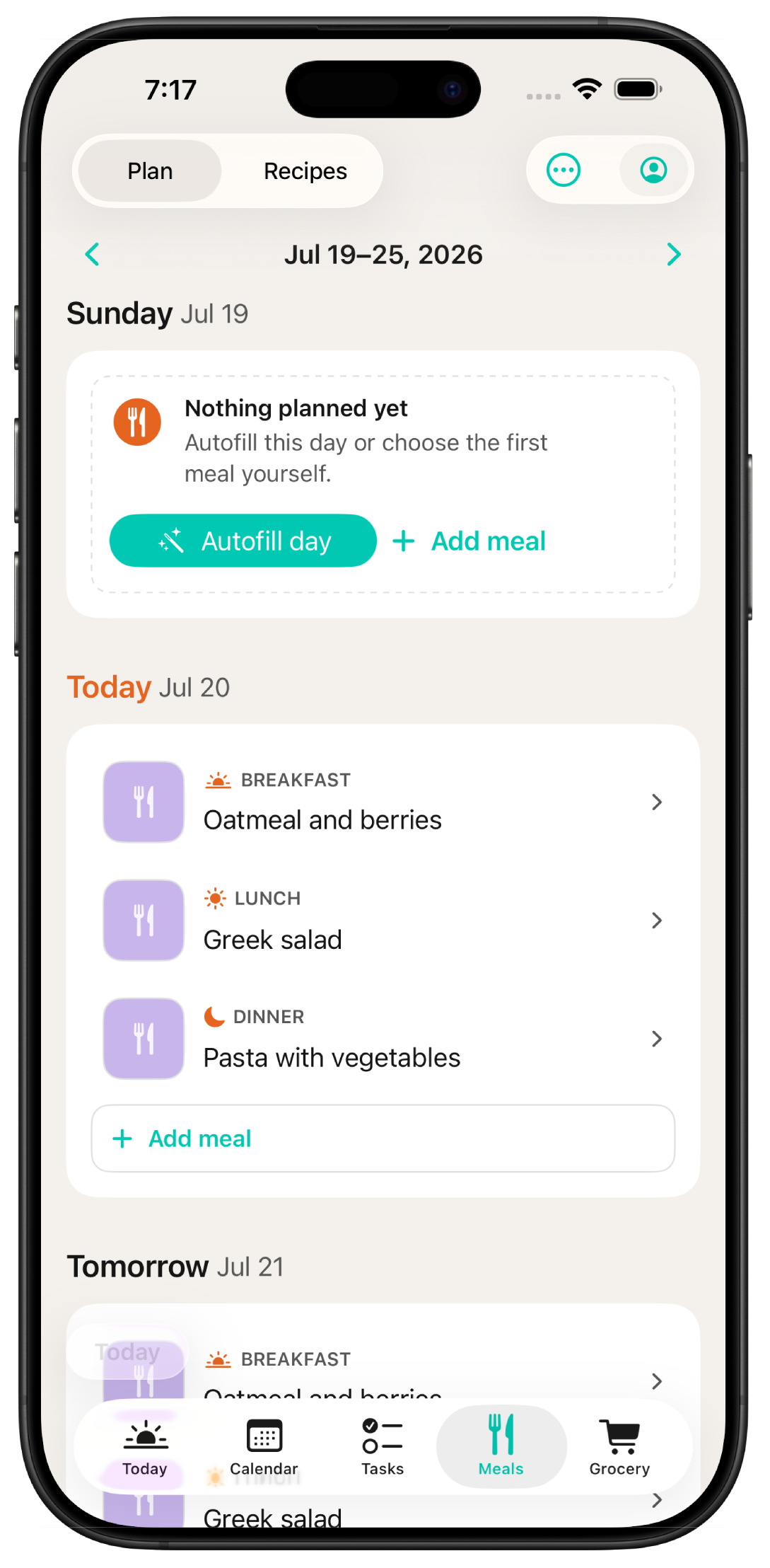 Jindo meal plan on iPhone — weekly plan with breakfast, lunch, and dinner