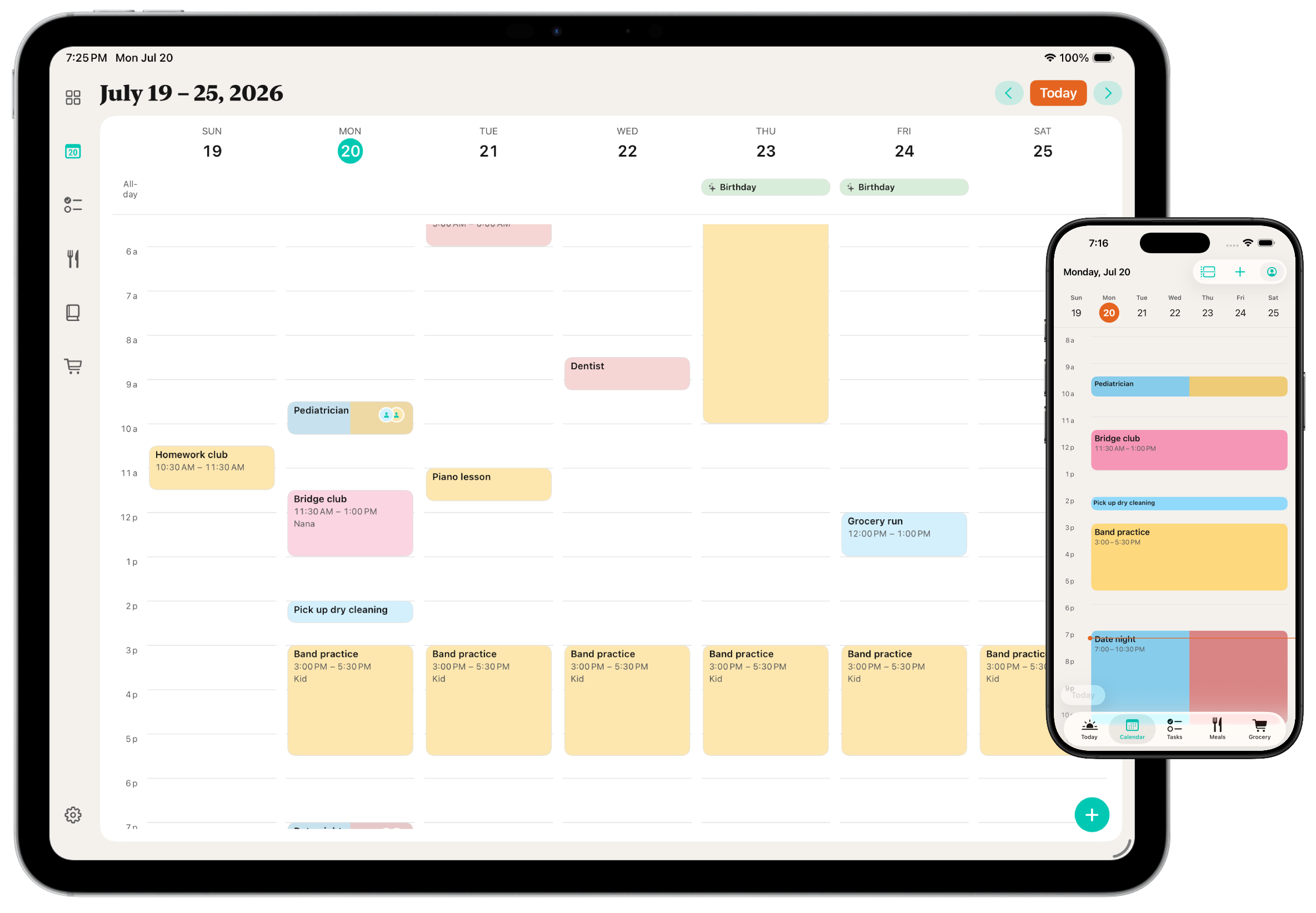 Jindo calendar on iPad and iPhone — shared week view and day schedule