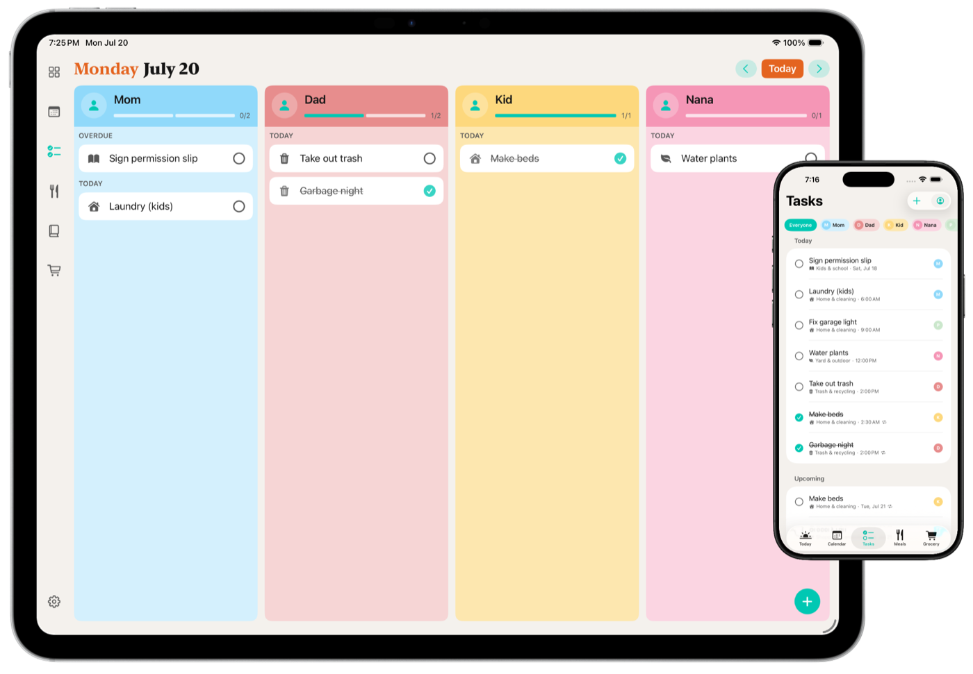 Jindo tasks on iPad and iPhone — family board and shared checklist